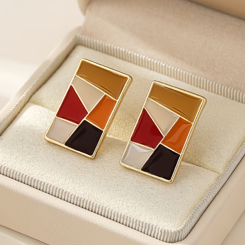 TEMU A Pair Of Vintage-style Geometric Enamel Drip Earrings With A Color Block Design, Simple And Versatile, Suitable For Women's Outfits