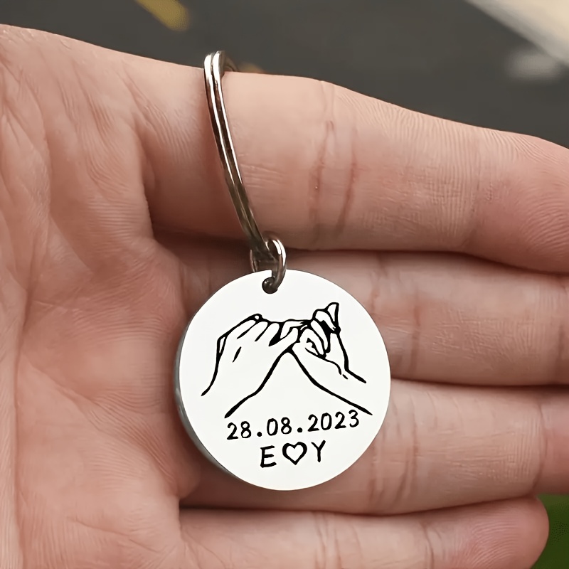 TEMU 1 Custom Engraved Romantic Stamp + Double Initial Stainless Steel Keychain, Couple Gift Wholesale - Personalized Small Pendant For Partner
