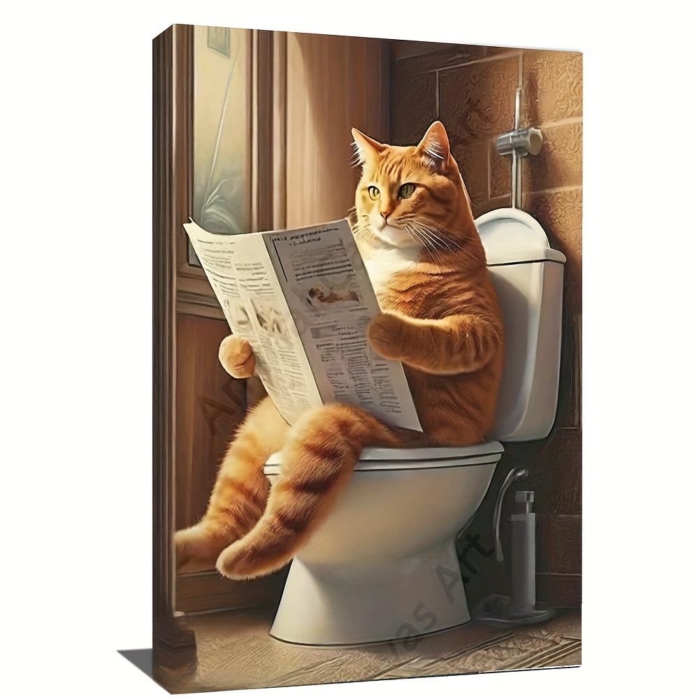 

1pc Fat Orange Cat Toilet Animal Poster Board Canvas Painting, Abstract Style, Bathroom Living Room Home Decor, Modern Decorative Painting, Fun Wall Art Pictures, Creative Gifts, No Frame, 12x16inch