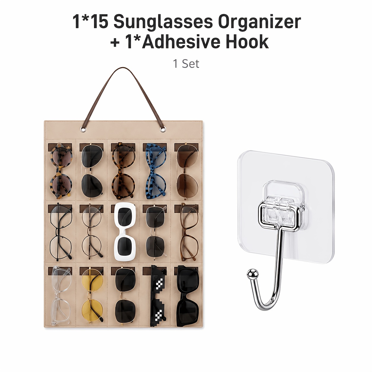 TEMU 2pcs Set [1 Bag+1 Hook] Felt Hanging Sunglasses Organizer With Multi-compartment Storage Pockets & Over-the-door Hanging Design, Space-saving