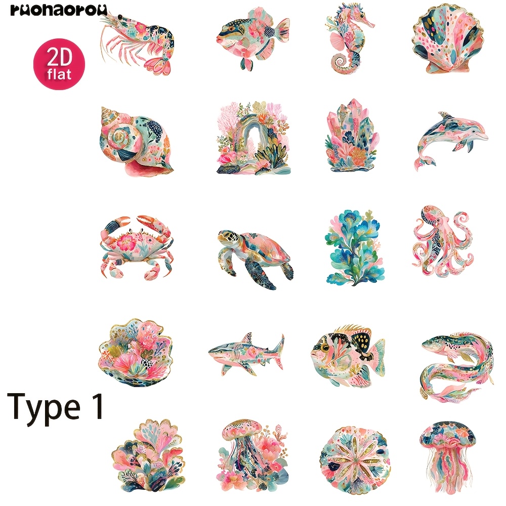 TEMU Brand Ruonaorou 2d Flat 1-pack Vintage Tropical Marine Animals Journal Stickers Decoration 2d Flat Diy Diary Photo Album Stationery Stickers, 2d