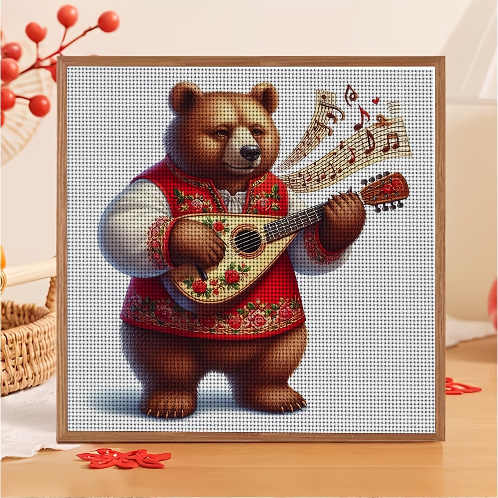 DIY Cross Stitch Kit, Frameless, Brown Bear Playing Music Pattern