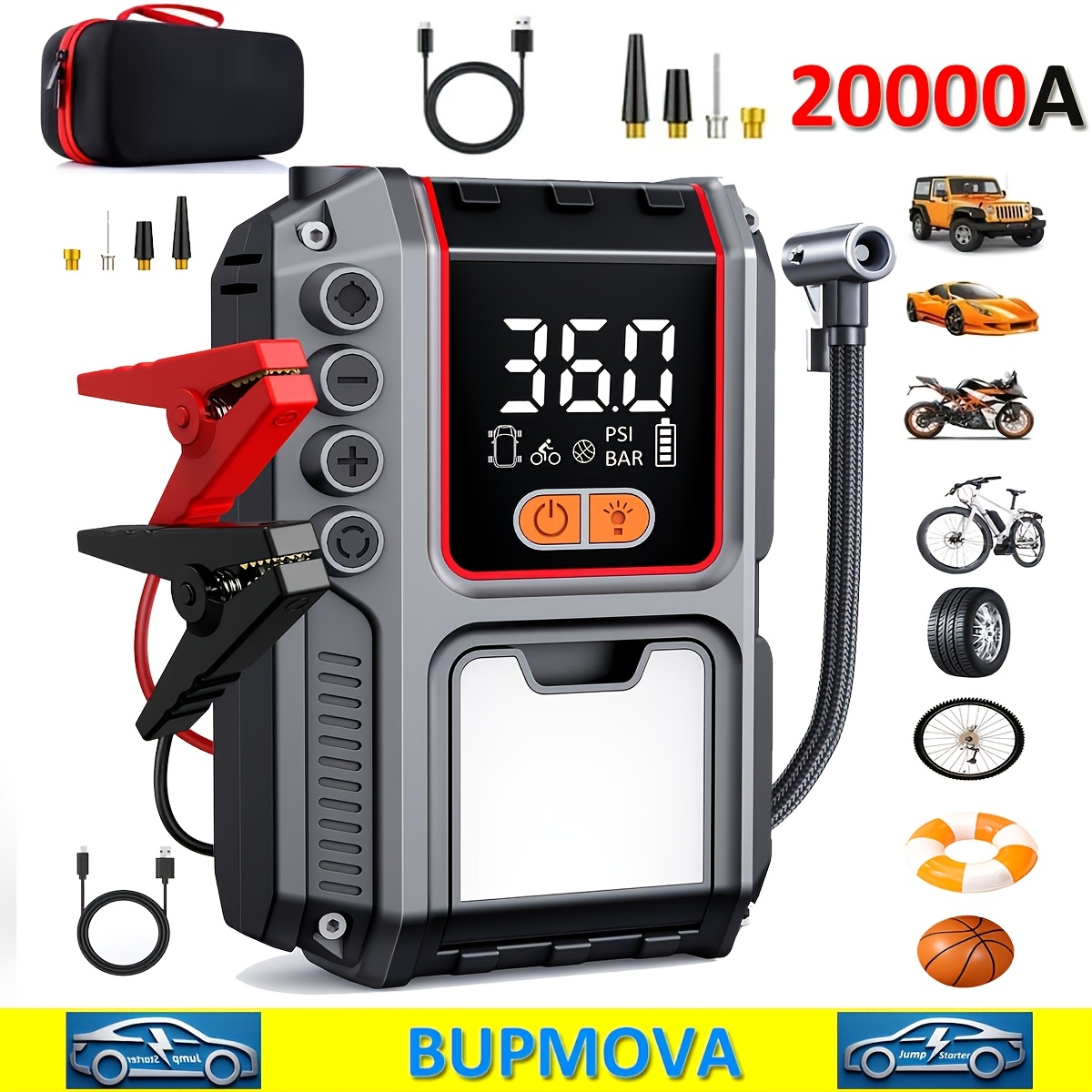 TEMU Gonfleur de pneu fil avec compresseur d'air et démarreur de secours pour voiture, booster de batterie avec banque d'alimentation et lampe LED,