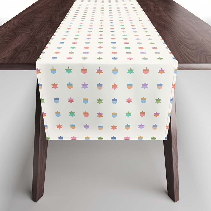 

Festive Hanukkah Table Runner: Vibrant Dreidel And Star Patterns For Indoor And Outdoor Holiday Parties - Made Of Durable Polyester