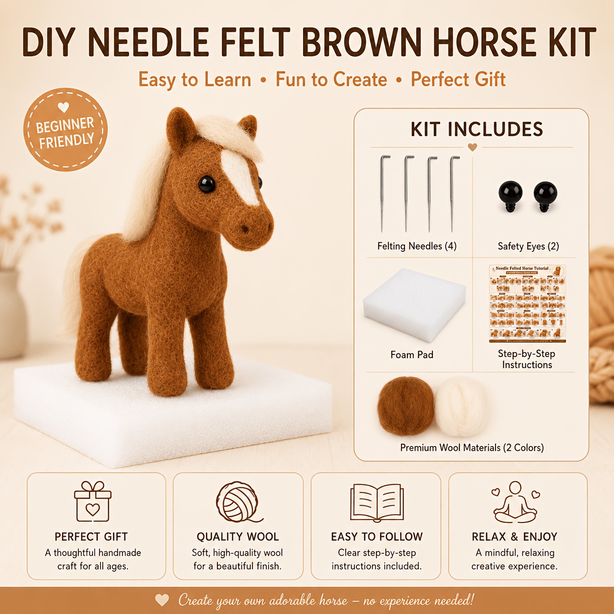 TEMU Felt Brown Pony Craft Kit - Needle Felting , Includes Complete Handmade Materials With -by-step Tutorial Video. A Ornament That Made By