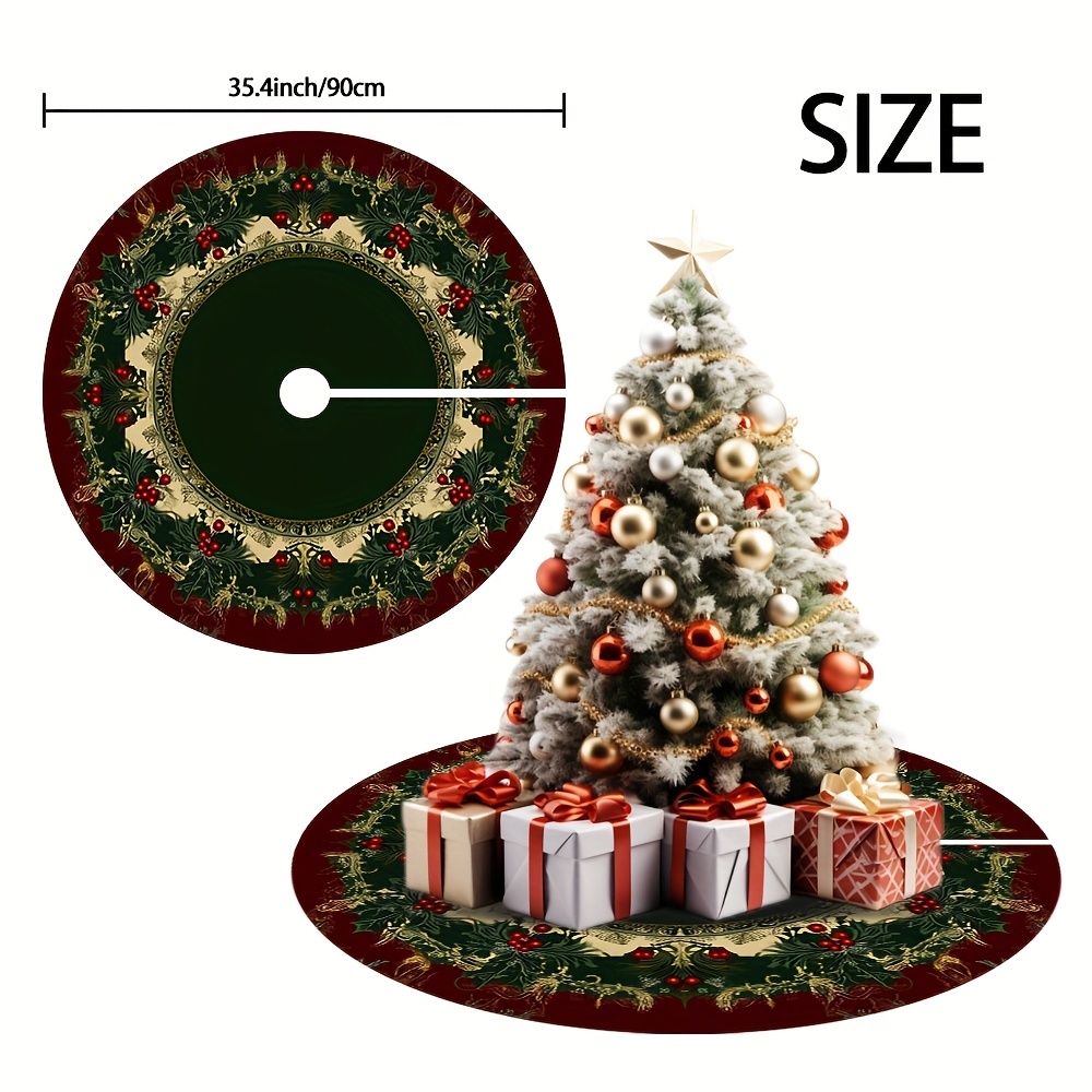 TEMU 1pc Elegant Christmas Holly Wreath Tree Skirt - - Holiday Decor With Foliage & Berries, Multi-year Use For , Fits For Home, For Holly, For