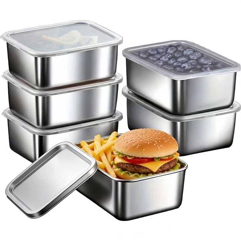 TEMU 6pcs Stackable Stainless Steel Lid Lunch Boxes, Takeout Boxes, Leak-proof, Dishwasher Safe, Microwave Safe, Square Serving Boxes, Suitable For ,