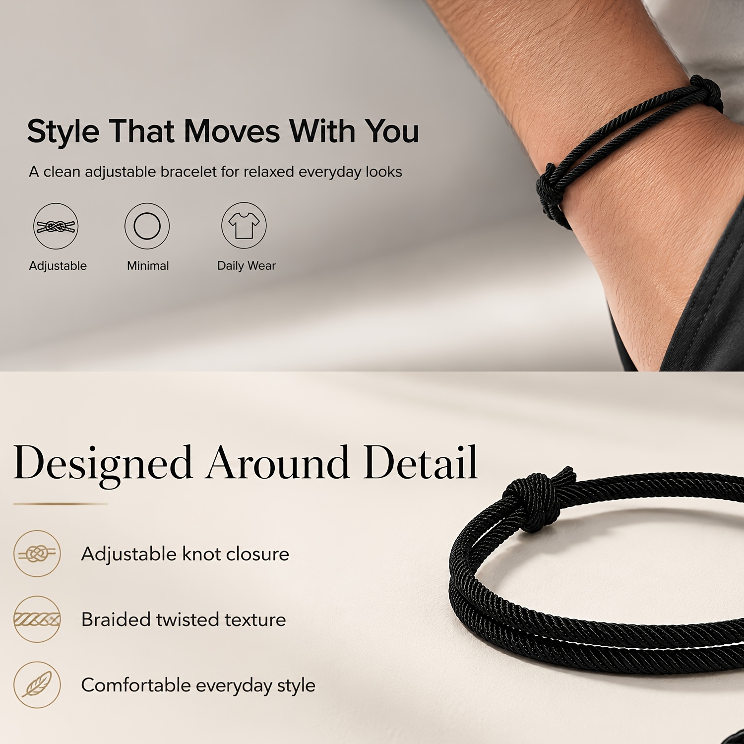 Unisex Minimalist Adjustable Rope Bracelet, Everyday Wear