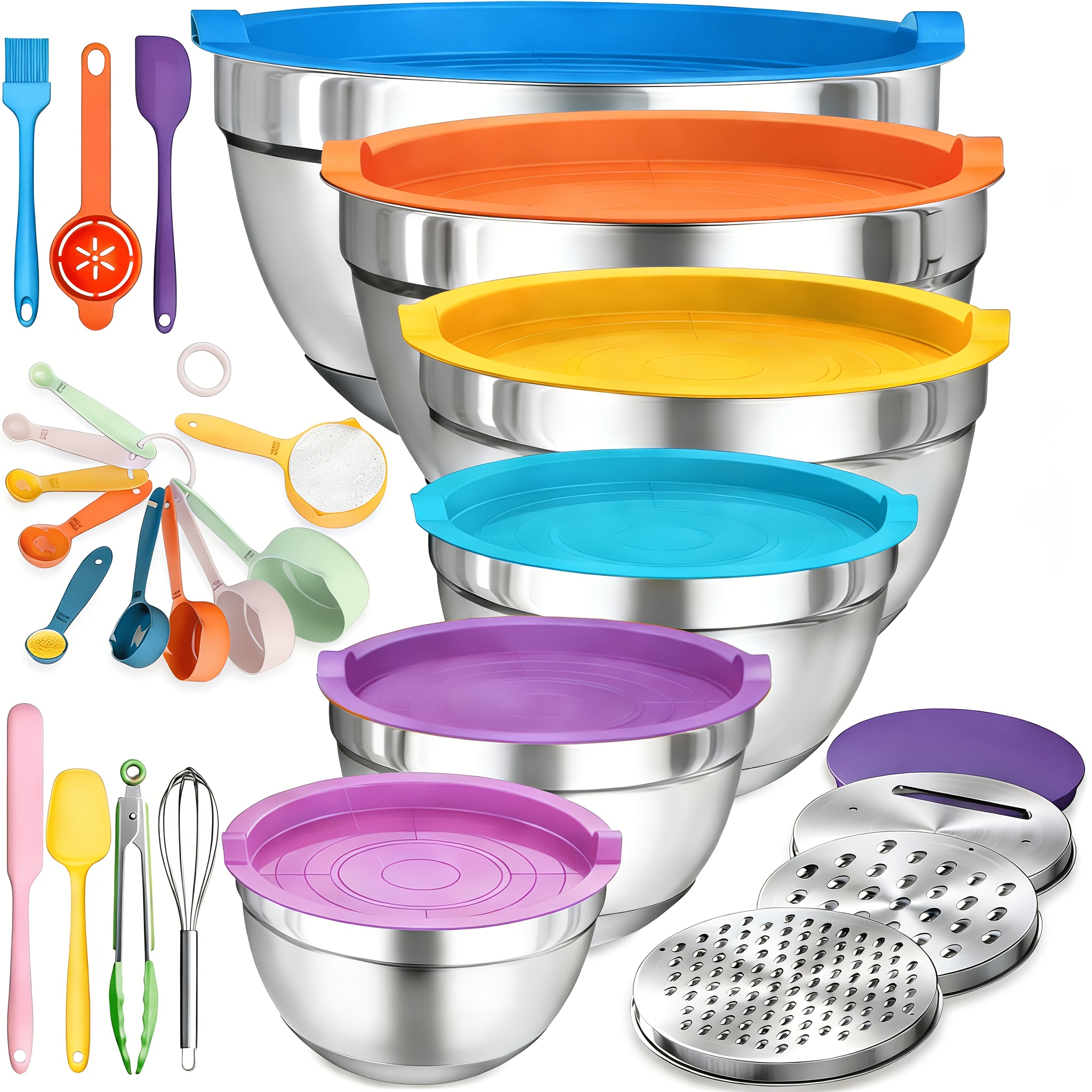 TEMU 18pcs Stainless Steel Mixing Bowl Set With Colored Lids, Including A Grater, Egg Separator, Whisk, Spatula, Brush, And Spoon, For Mixing And