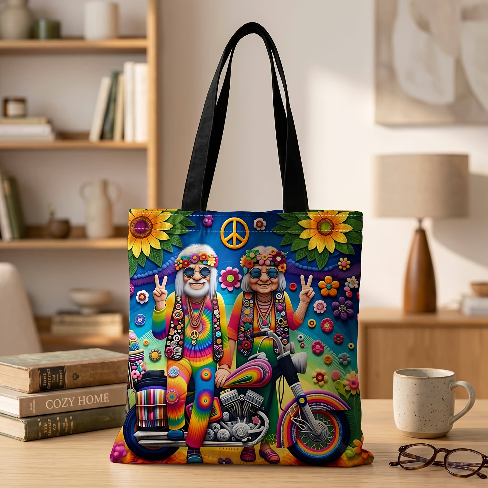 TEMU 1pc 2d Printed Handbag With Hippie Duo Ride On Pattern, Reusable Fashion Shoulder Bag Handbag Shopping Tote Bag Suitable For Shopping Office