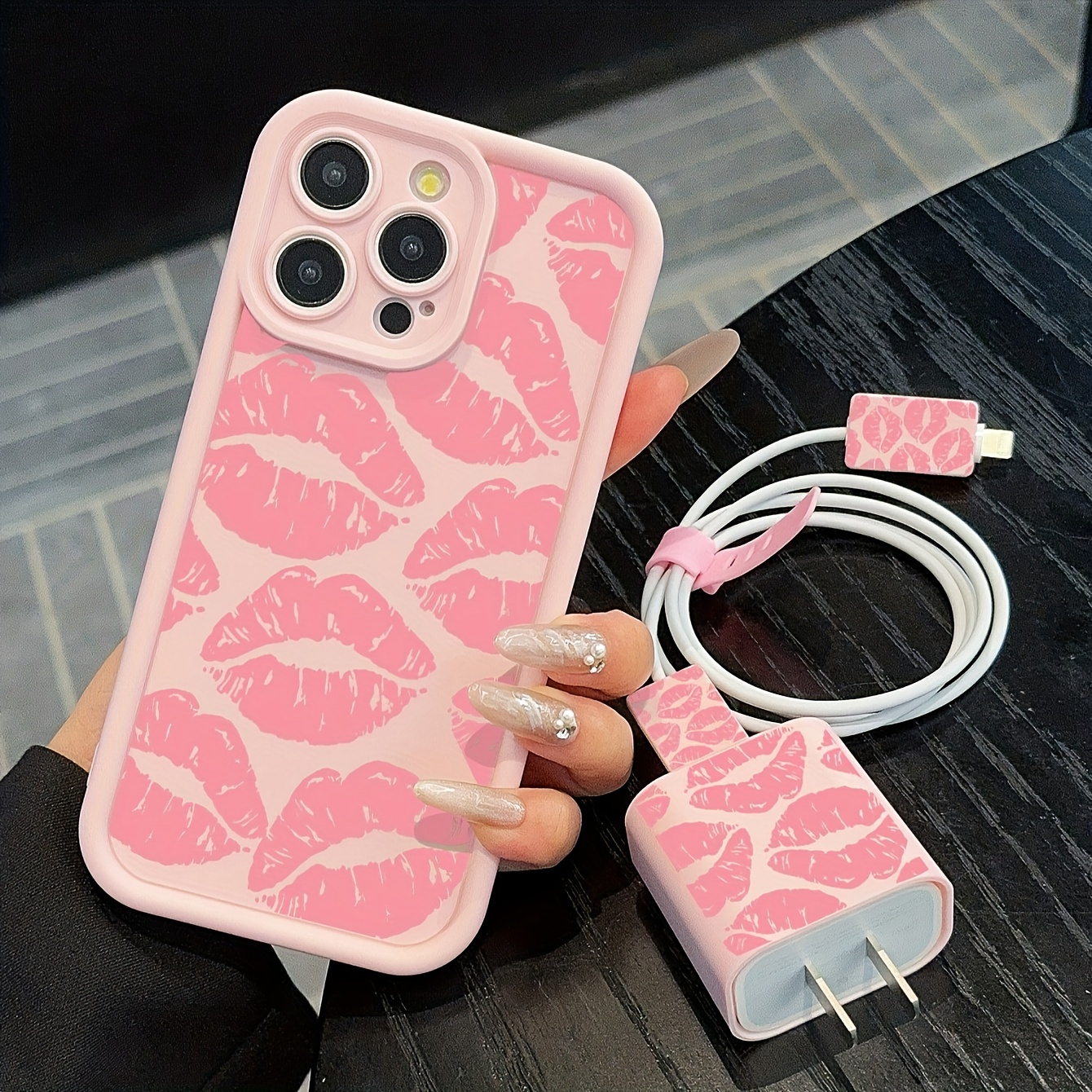 5pcs set of colorful heart-shaped pink mobile phone cases + data cable protective cases, compatible with Apple fast charging cables, suitable for iPhone11/12/12promax/13/13promax/14/14pro/14plus/14promax/15/15pro/16/16plus/16promax/16pro/15promax protective set