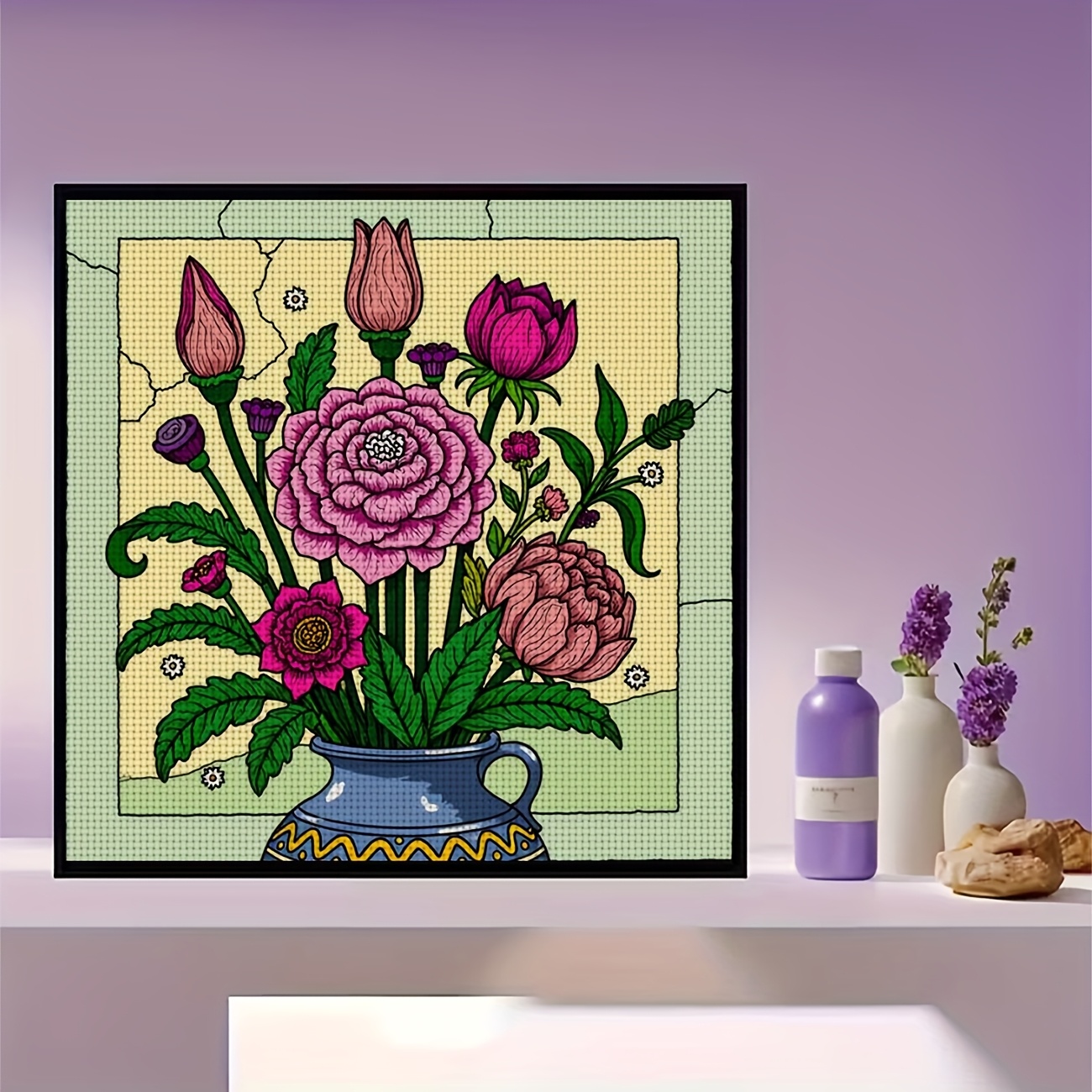 DIY Cross Stitch Print Kit, Frameless, "Blue Vase with Fresh Flowers" Pattern