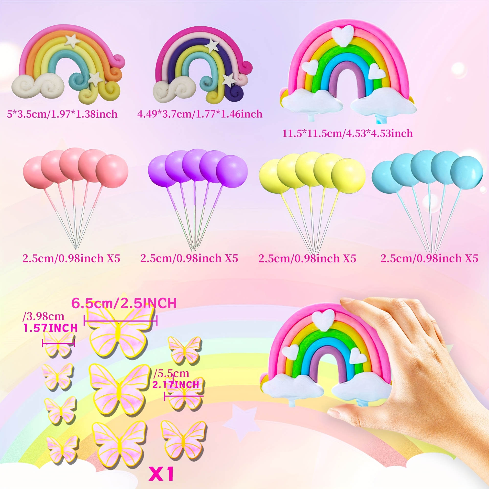 Image of Laventy 33pcs Pink Rainbow Cake Topper Unicorn Rainbow Cake Decorations Boho Cake Topper Gender Reveal Party Cake Topper