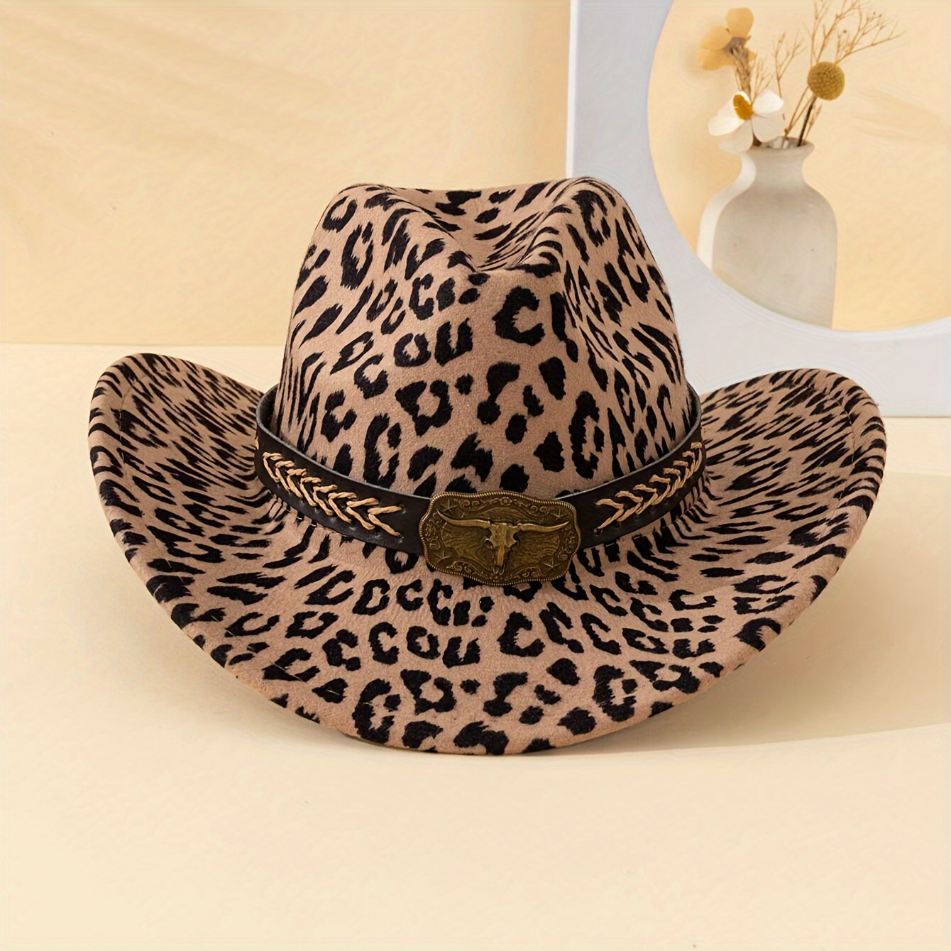 

Western Style Leopard Print Felt Hat With Leather Decoration, Unisex Fashion Retro Cowboy Hat For , Prairie , Parties, And Festive - Lightweight, Non-woven Polyester, Machine Washable - Accessory