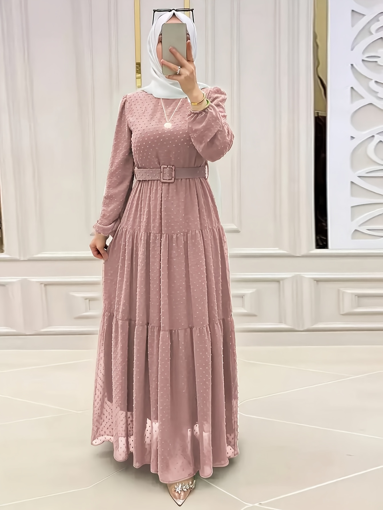 Middle Eastern Polka Dot Plain Long Gown Dress, Elegant Long Sleeve Lace-Up  Waist Dress, Women'S Wear