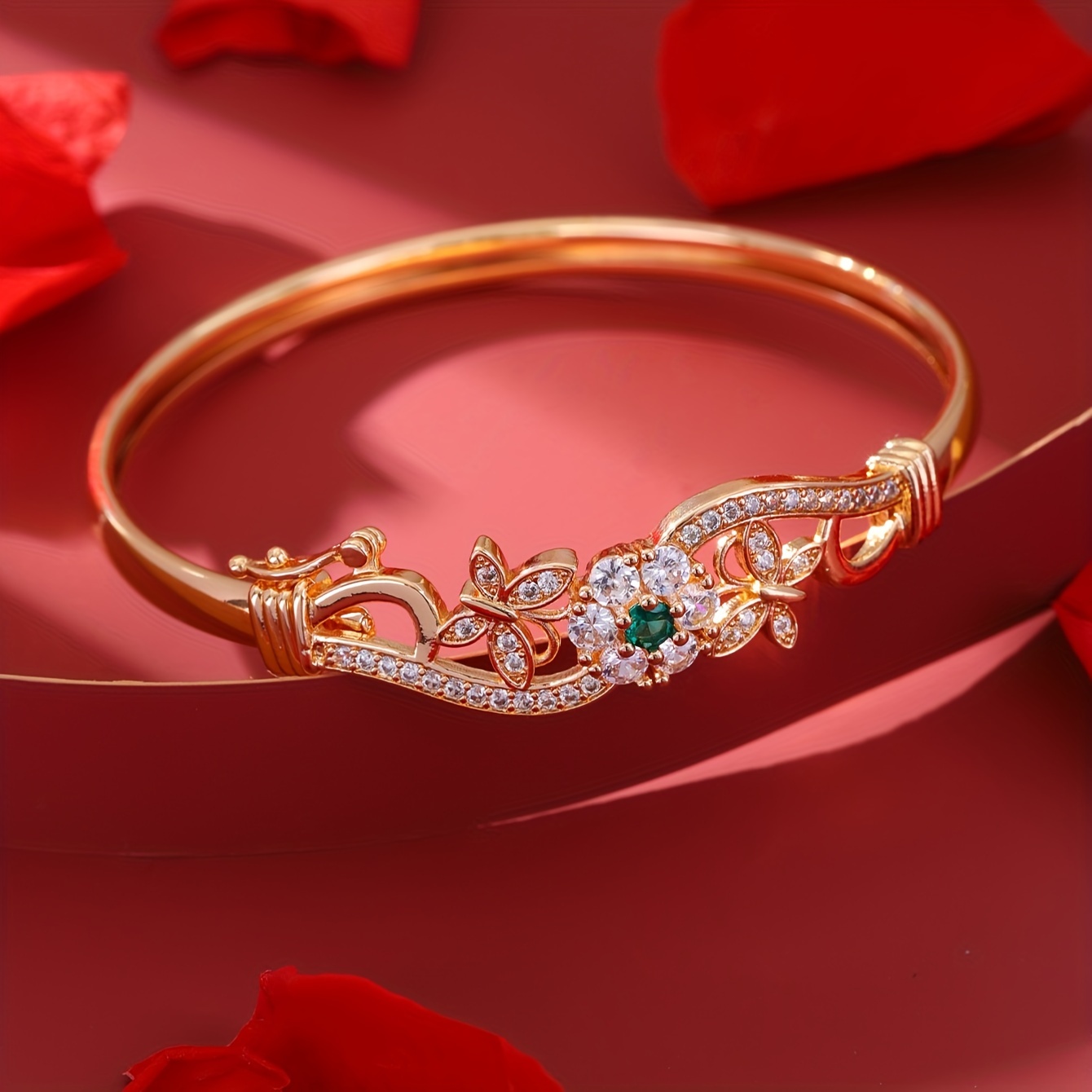 Golden Tone Butterfly Bangle Bracelet with Zirconia & Floral