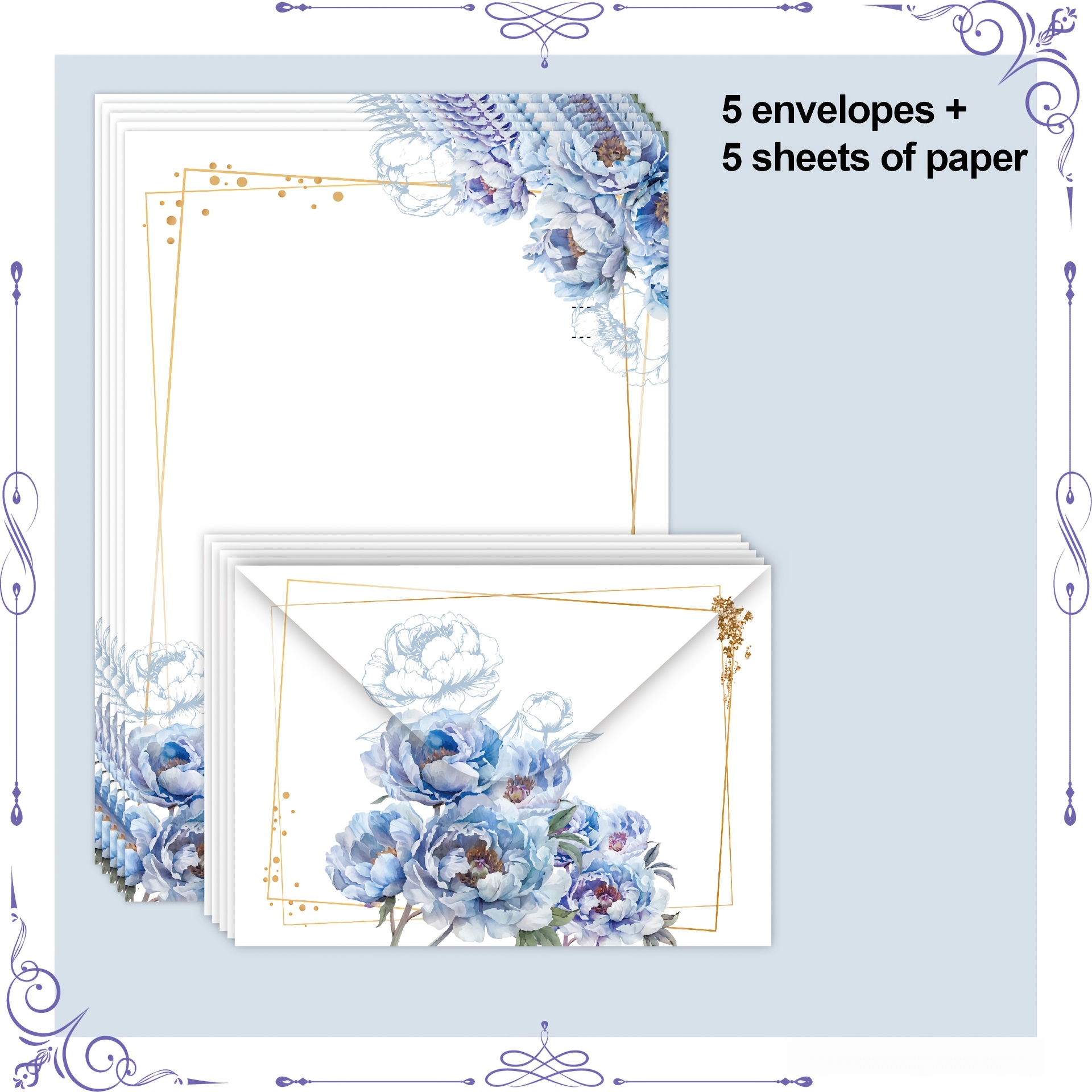 TEMU 10pcs (10pcs) Vintage Floral Letter Paper & Envelope Set Suitable For Wedding Invitations, Birthday Parties, Romantic Proposals - 5 Sheets + 5