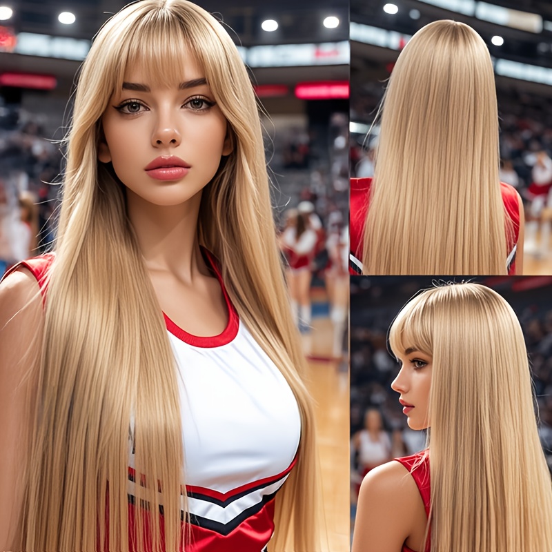 TEMU Women's Heat-resistant Blonde Straight Long Wig With Bangs - -looking Mesh Stage Hair For Concerts, Events, Costumes | Fit & Volume For Blonde Hair Types (wig Only)