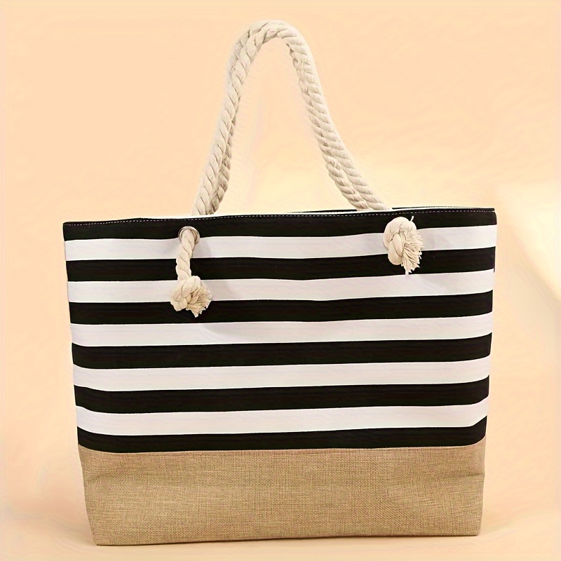TEMU Large Capacity Striped Pattern Women's Beach Tote Bag With Comfortable Handles, Perfect For Travel And Outdoor Use. Blue Striped Beach Oversized