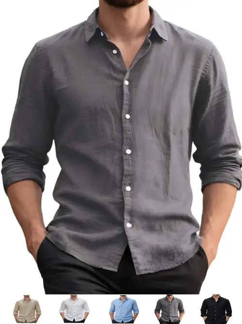 mens lightweight breathable linen long sleeve shirt casual collared button up with chest pocket solid color regular season wear versatile for casual formal occasions comfortable daily wear classic design nonstretch fabric