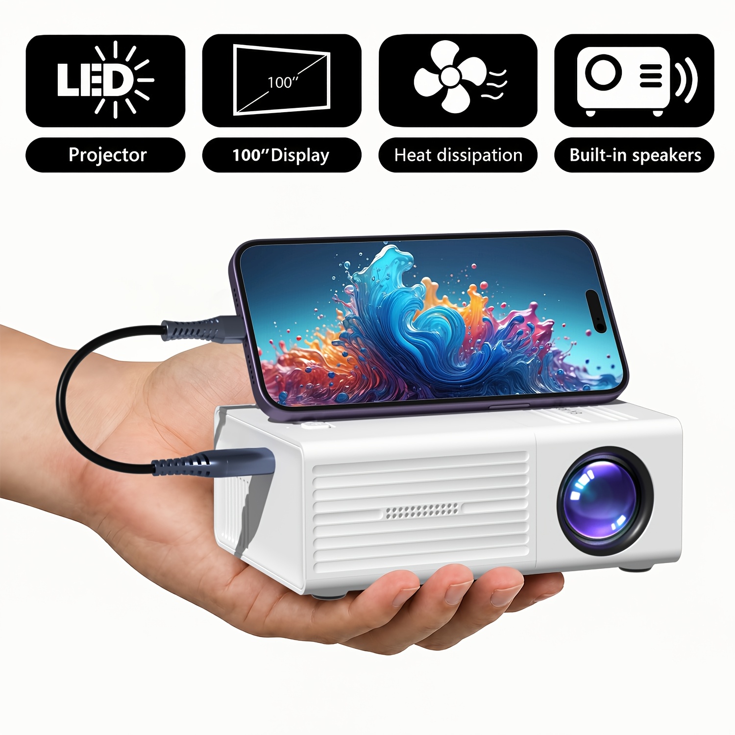 TEMU Projecteur Portable, Mini Projecteur, Projecteur , Autonomie de 30000 Heures, Haut-Parleur Intégré, Design Compact, Compatible avec