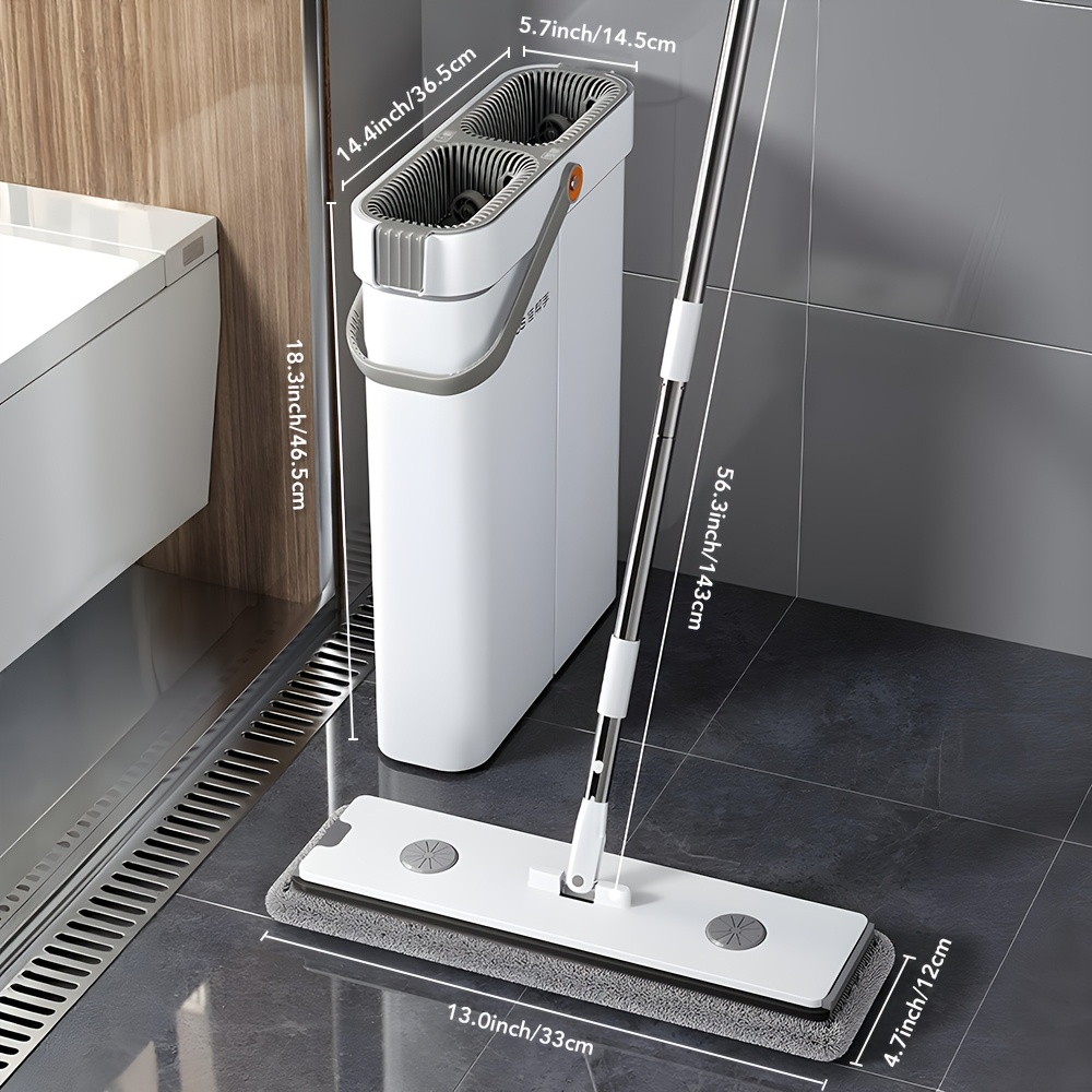 TEMU Balai Plat et Seau 40CM avec Essoreuse pour Usage Domestique, Adapté au Nettoyage Humide et Sec, Balais de Lavage avec 2 Tampons en Microfibre