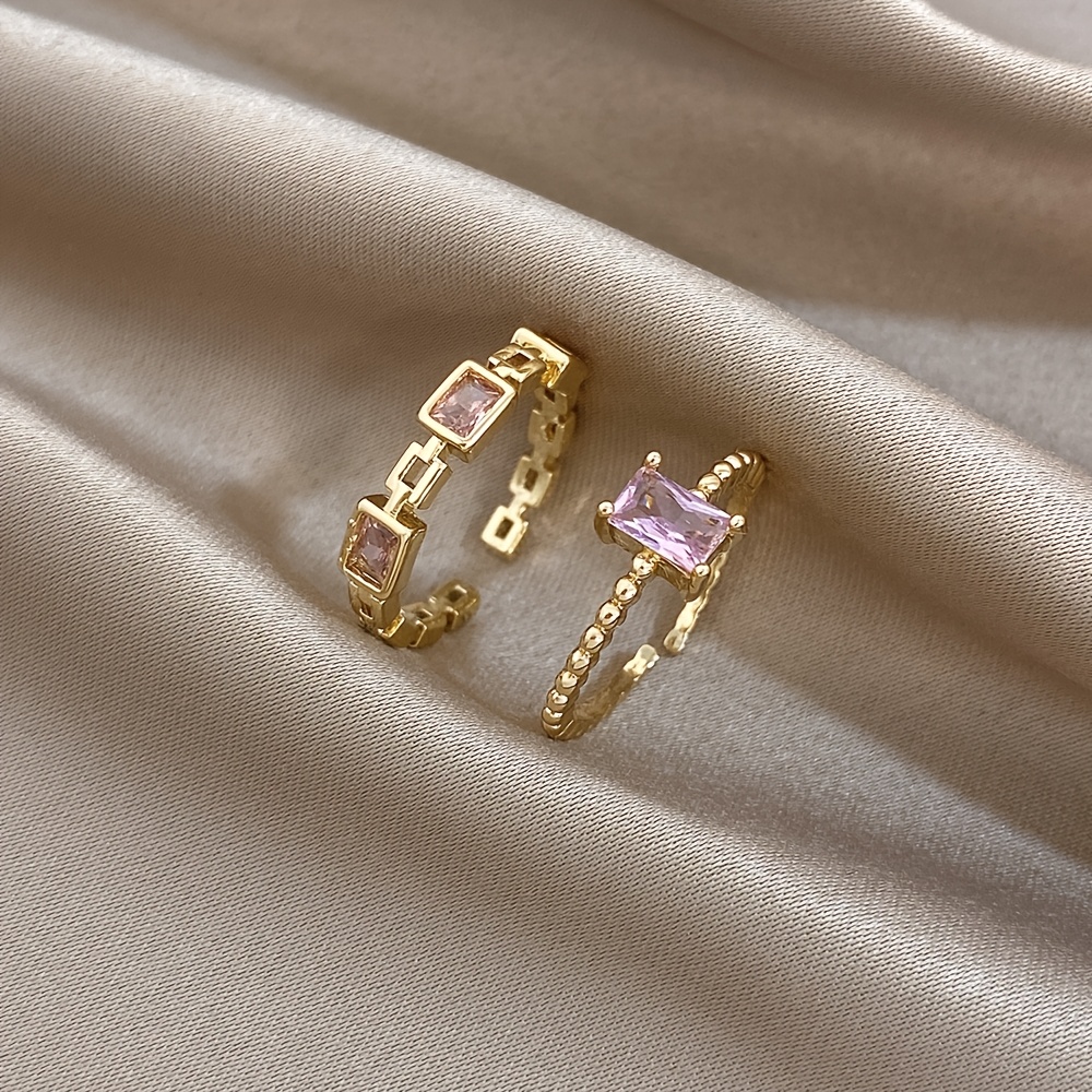 2pcs Gold Plated Pink Synthetic Zirconia Geometric Opening Ring Set - Square Synthetic Zirconia Chain Beads Adjustable Stackable Jewelry, Suitable For Women