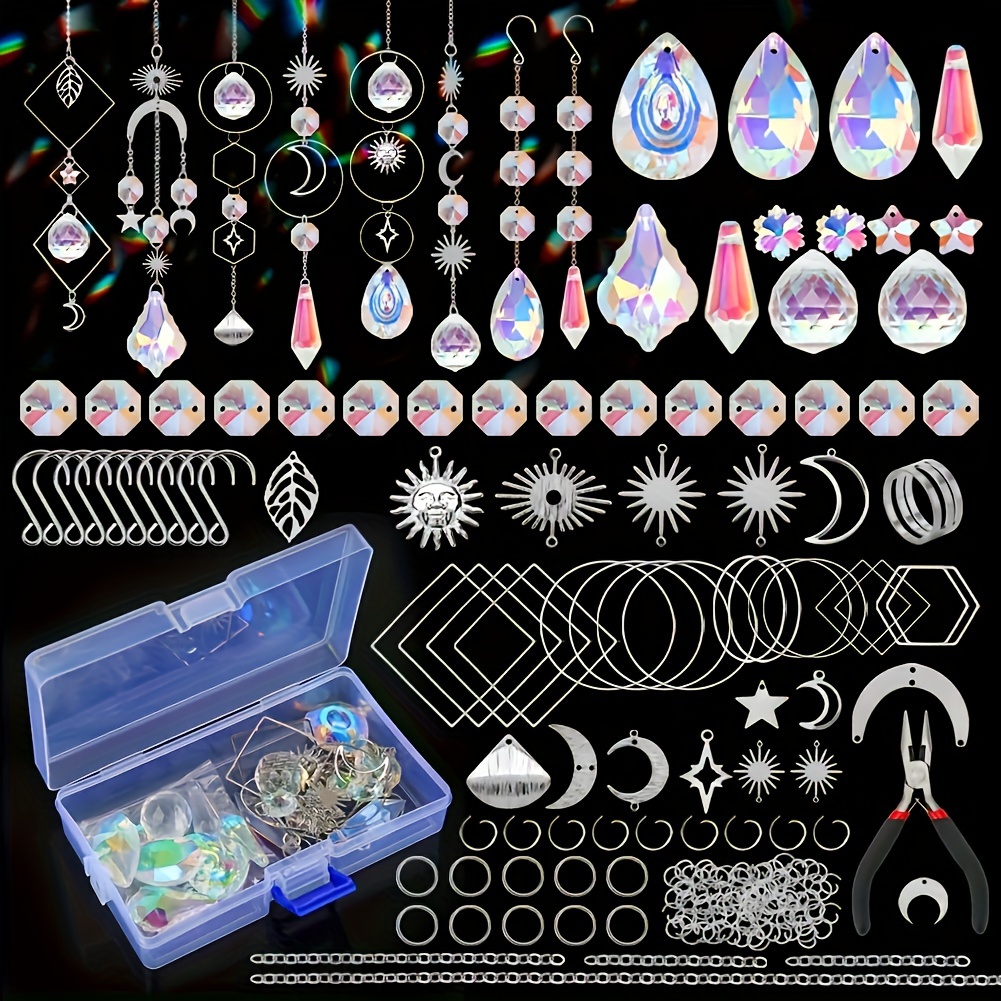 

200pcs Diy Suncatcher Making Kit Adult Craft Crystal Suncatcher Supplies Colorful Glass Window Hanging Prism Indoor Outdoor Garden Christmas Decoration With Rainbow Making Pendant Chain Golden/silvery