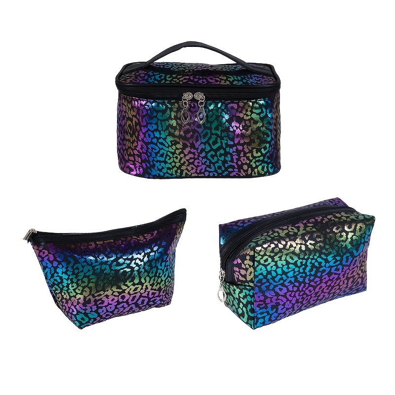 TEMU 3pcs Leopard Print Makeup Bag Set, Portable Travel Cosmetic Pouch With Handle, Shiny Toiletry Bag For Women's Vacation And Daily Use