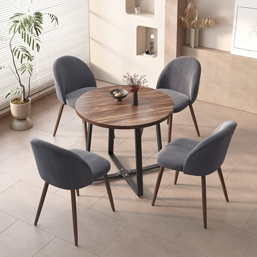 

Ino -pieces Modern 35'' Inch Brown Round Wooden Dining Table Set For 4 Comfortable Velvet Chairs, Space Saving Kitchen Furniture, Small Apartment Coffee Table Set