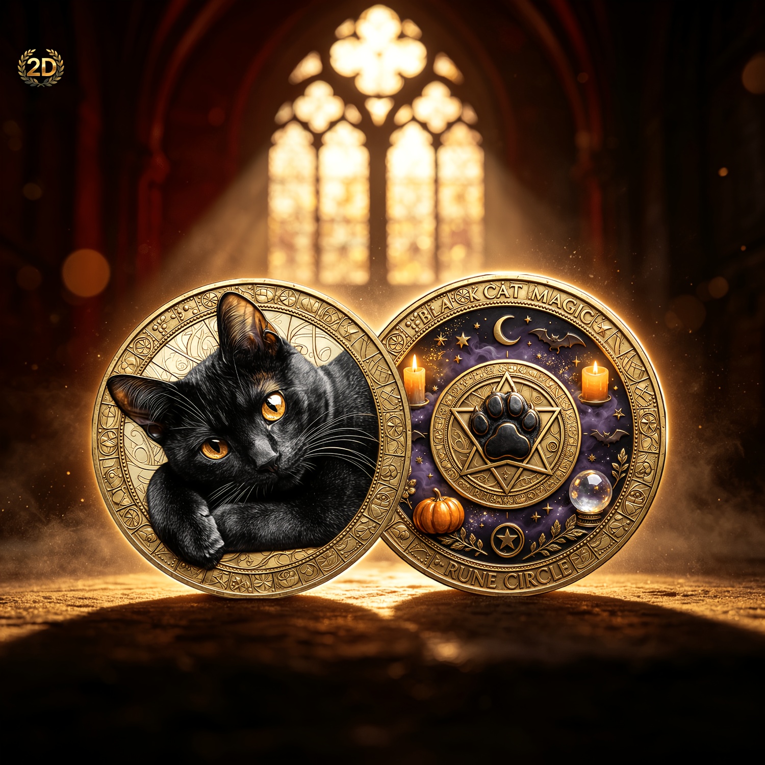 TEMU 2d, Flat Commemorative Coin, 1pc, Black Cat Medal, Alloy Material, Diameter 4cm (1.57inch), Purple Background Bat Crystal Ball Pattern