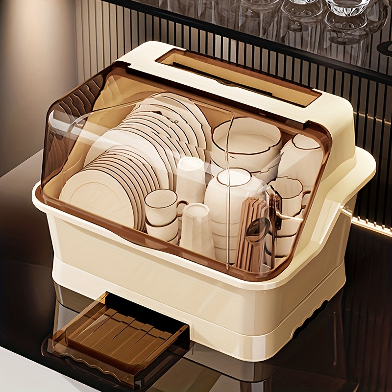 dish drying rack with lid space saving dust proof kitchen storage cabinet cream multifunctional cutlery organizer with drainage board drainage function suitable for countertop and cabinet dish rack for kitchen countertop