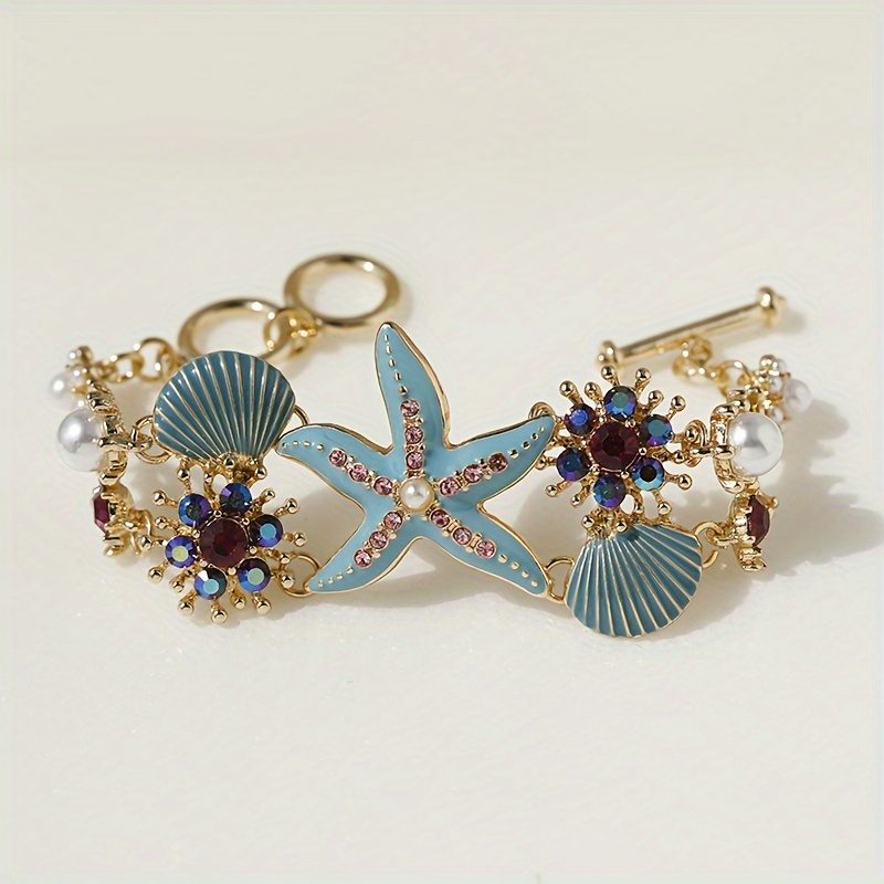 Bohemian Ocean Starfish & Seashell Bracelet with Rhinestones