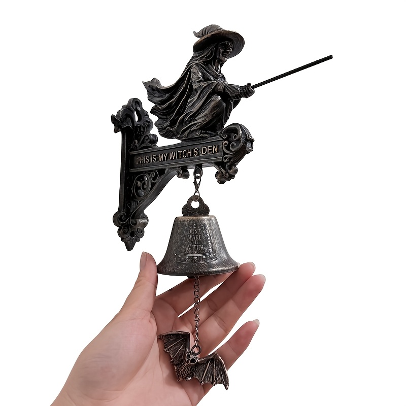 TEMU 3d Resin On Broomstick Decorative Bell Dark Gothic Style Wall-mounted Ornament For ; Halloween-themed Decor (courtyard Gates, Villa Gardens, Or