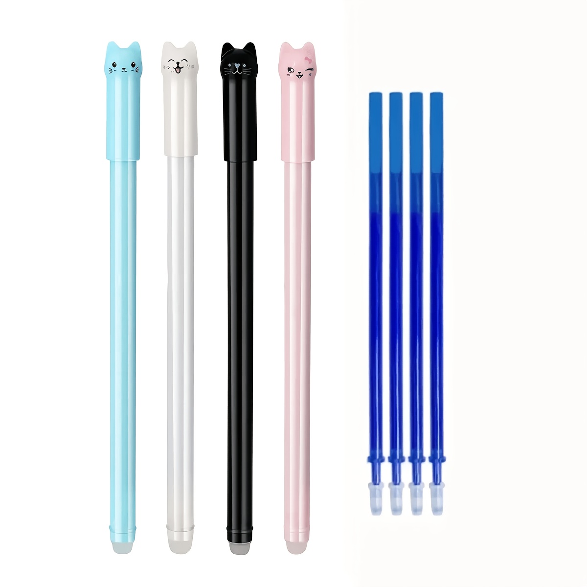 TEMU Lot de 8 pièces : 4 stylos gel + 4 recharges, ensemble de stylos gel effaçables créatifs sur le thème du chat, pointe fine 0,5 mm, encre bleue,