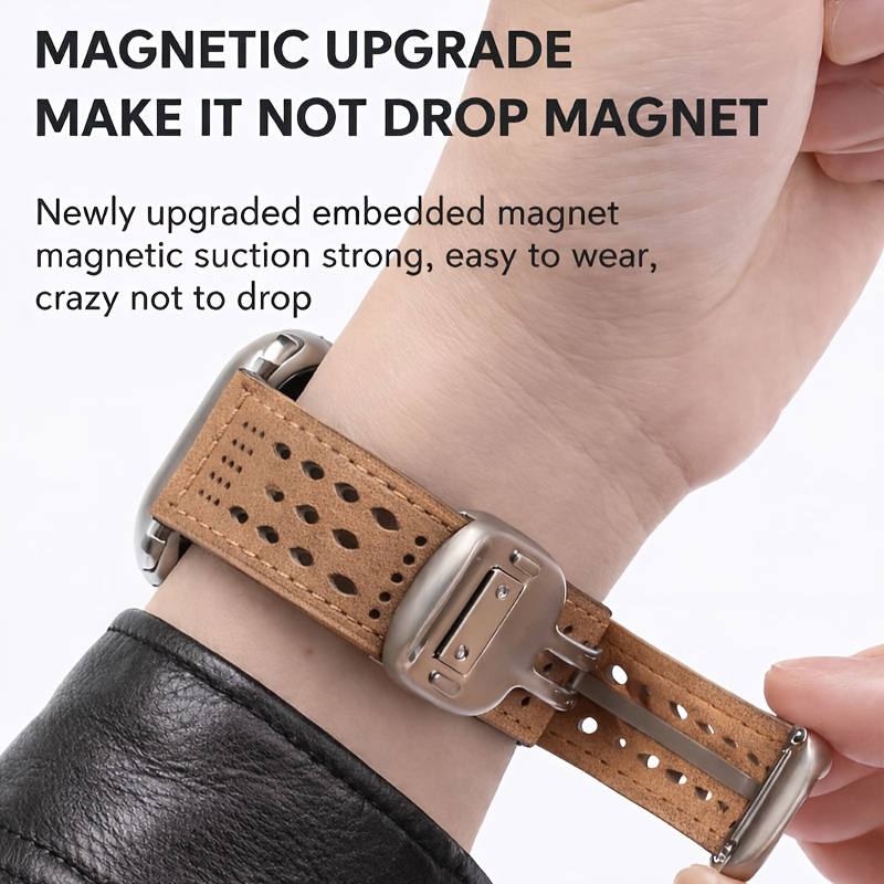 Men'S Genuine Leather for apple Watch Band | Rugged European And American High-End Crazy Horse Leather With Magnetic Clasp | Retro Breathable Hole Design | Compatible With Titanium 316 Stainless Steel | Fits for apple Watch Series 10, 11, 9, 8, 7