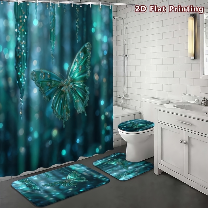 4pcs Dreamy Butterfly Shower Curtain Set with Bathroom Accessories