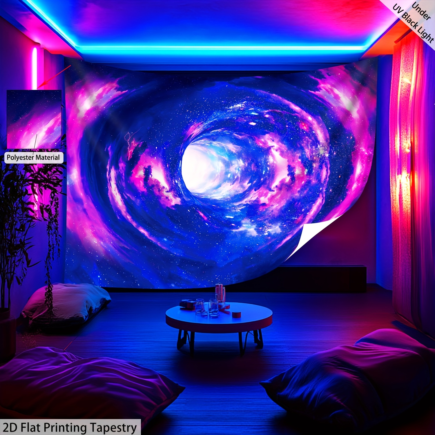 TEMU 2d Flat Printing Tapestry - 1pc - Glow In The Uv Light Tapestry, Large Scale Fluorescent Printed Tapestry, Suitable For Bedroom, Office, Living Room, Home Decoration, Installation Free