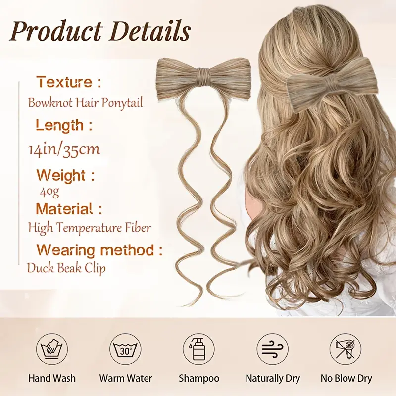 elegant bowknot hairpiece with 14 natural curly synthetic ponytail dark brown blonde highlights decorative clip barrette for women and girls versatile and stylish hair accessory hair accessories details 0