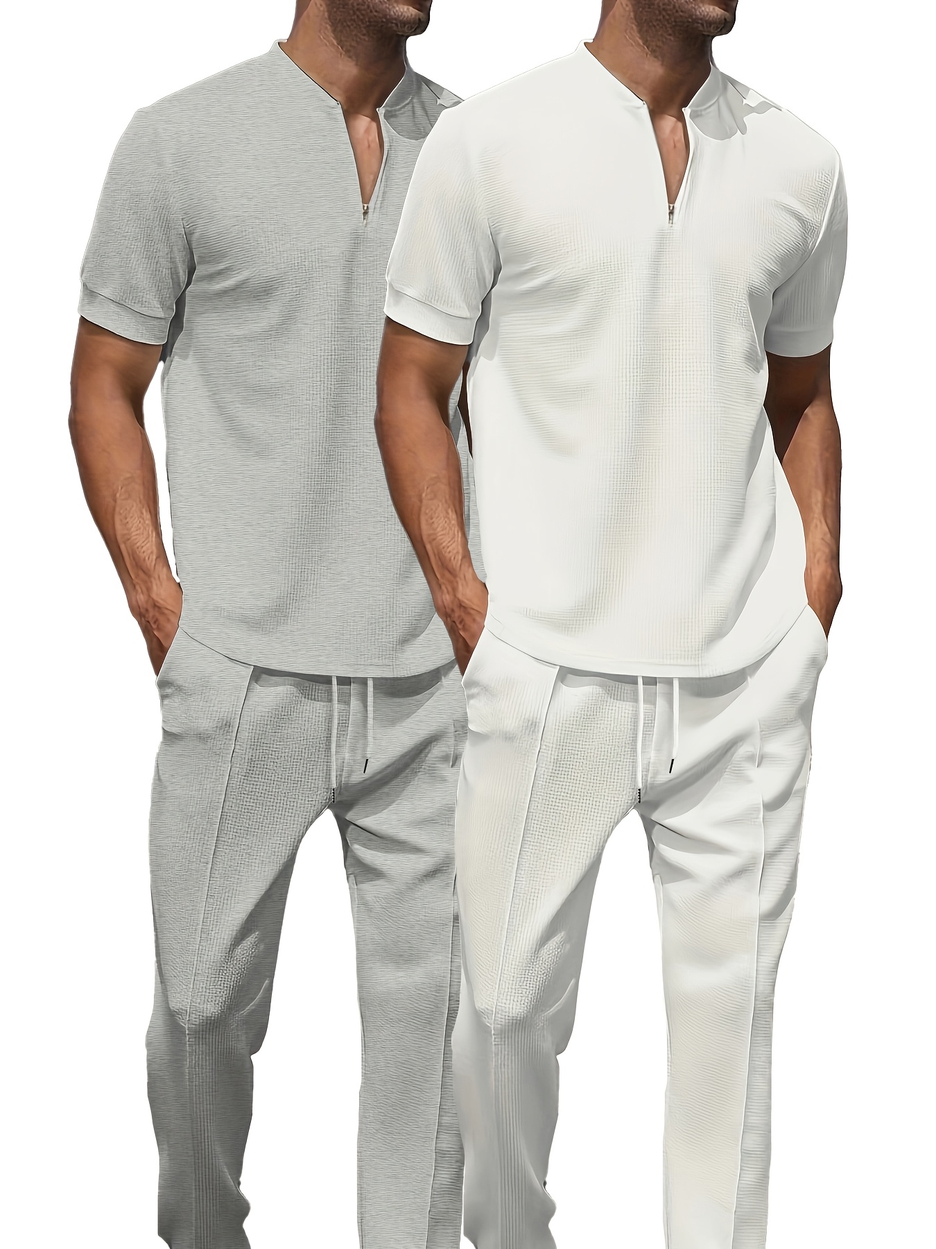 mens casual 4pcs set breathable summer t shirt and pants set fashionable zipper v neck short sleeved top breathable and comfortable jogging pants