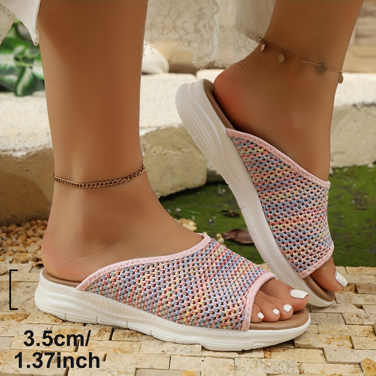 Image of Affordable Women's Casual Slides, Classic Elegant Woven Wedge Slides, Lightweight Breathable Mid-heel Slides Suitable For Travel, Toe-open Solid Color Women's Slides For Casual Occasions, Women Shoes
