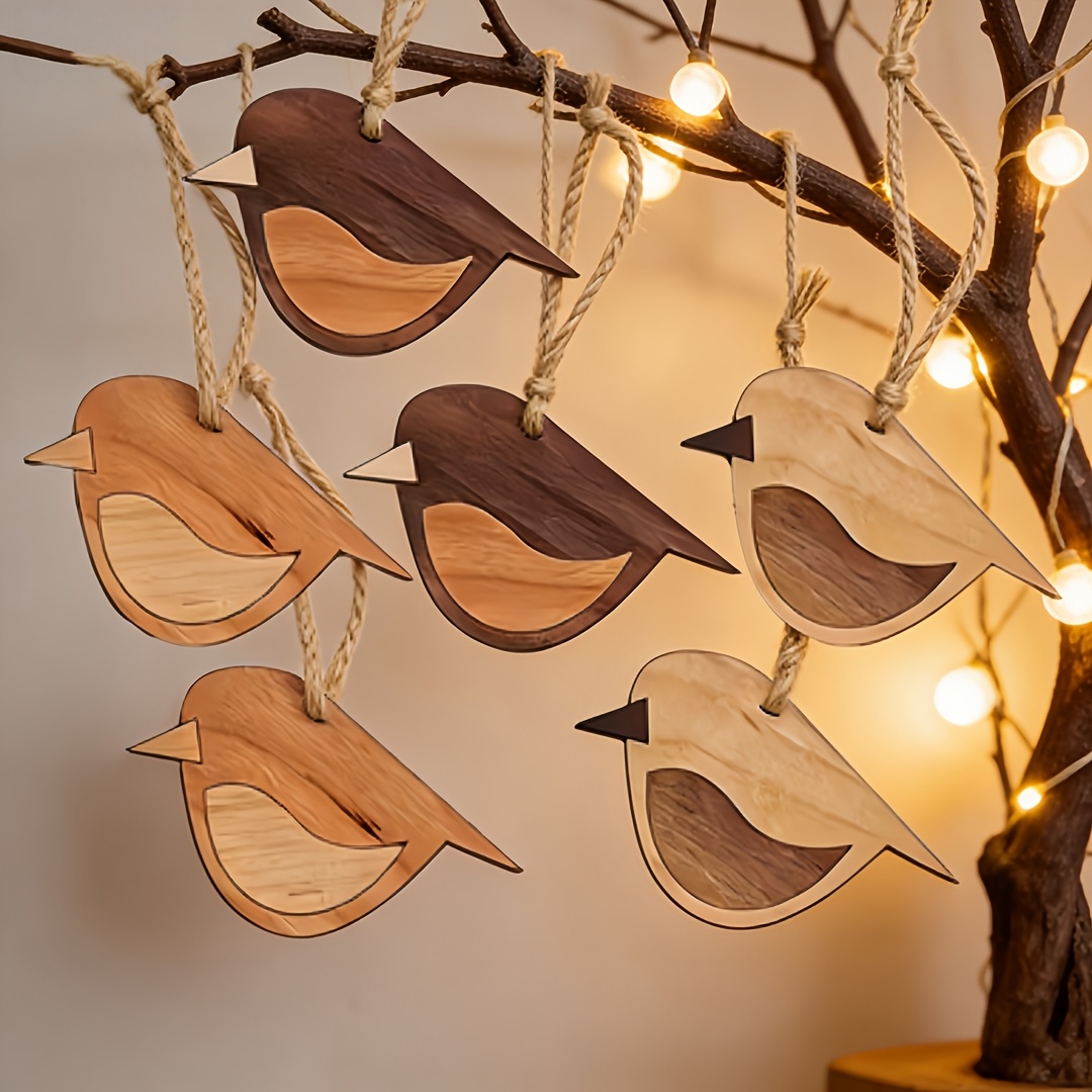 TEMU 6 Wooden Bird Hanging Decorations, Artificial Wooden Home Decor, No Electricity Required, Vintage Style Hanging| Hanging , Bohemian Style