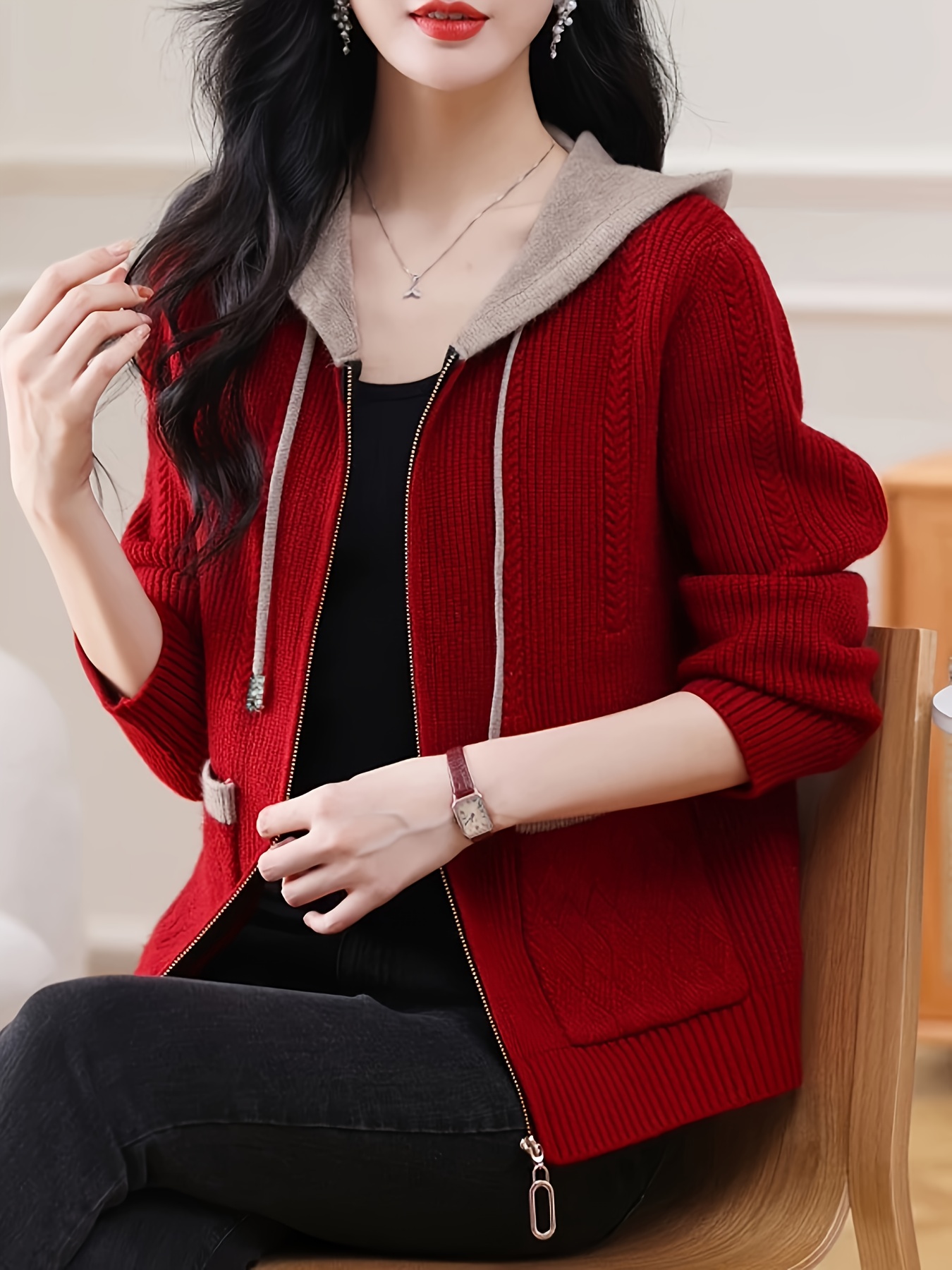 H&m Zip Up Cardigan With Hood BAT SLEEVE HOODIE KNIT CARDIGAN