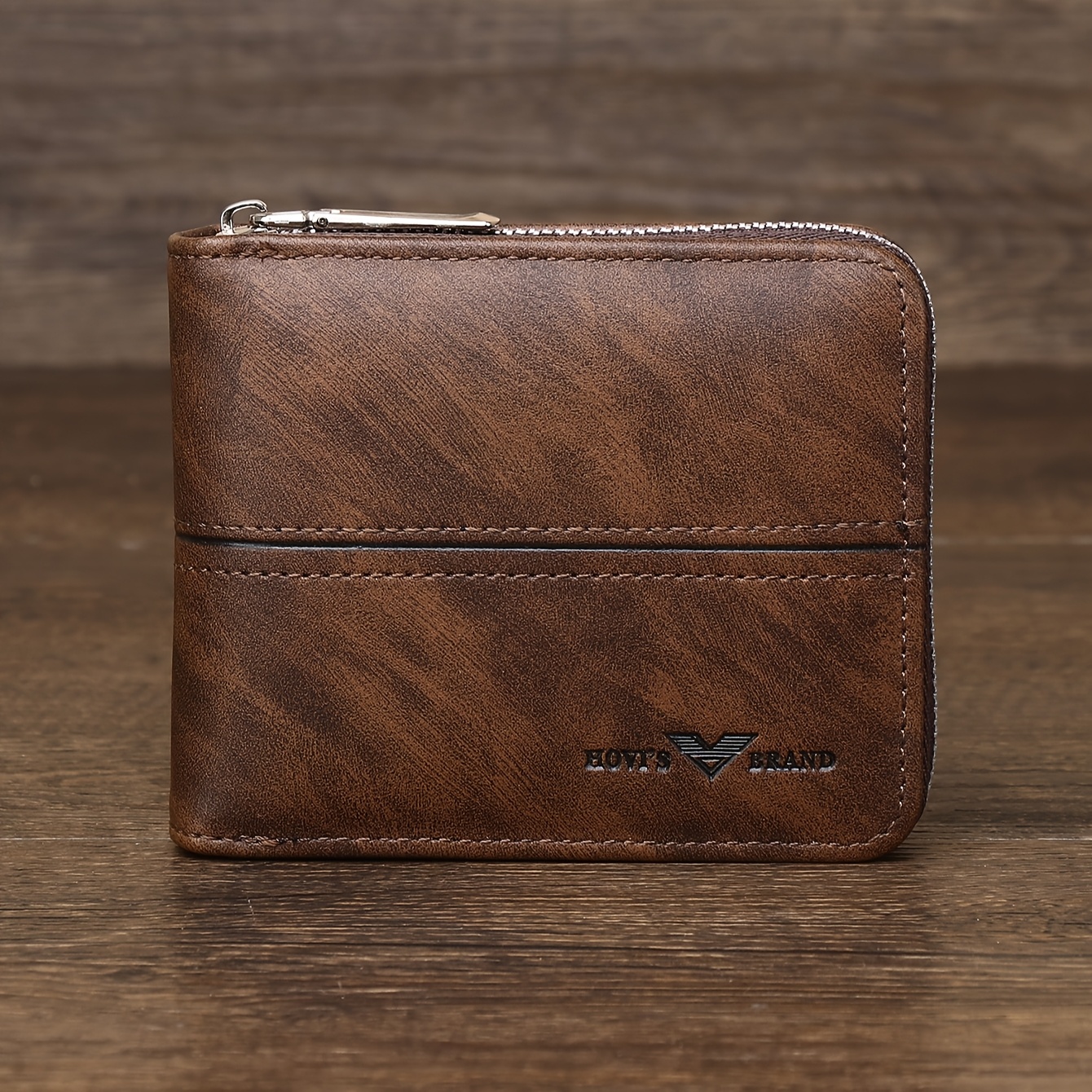 Hovis Men's Zip-around Short Wallet - Compact Brown Faux Leather With Card Slots