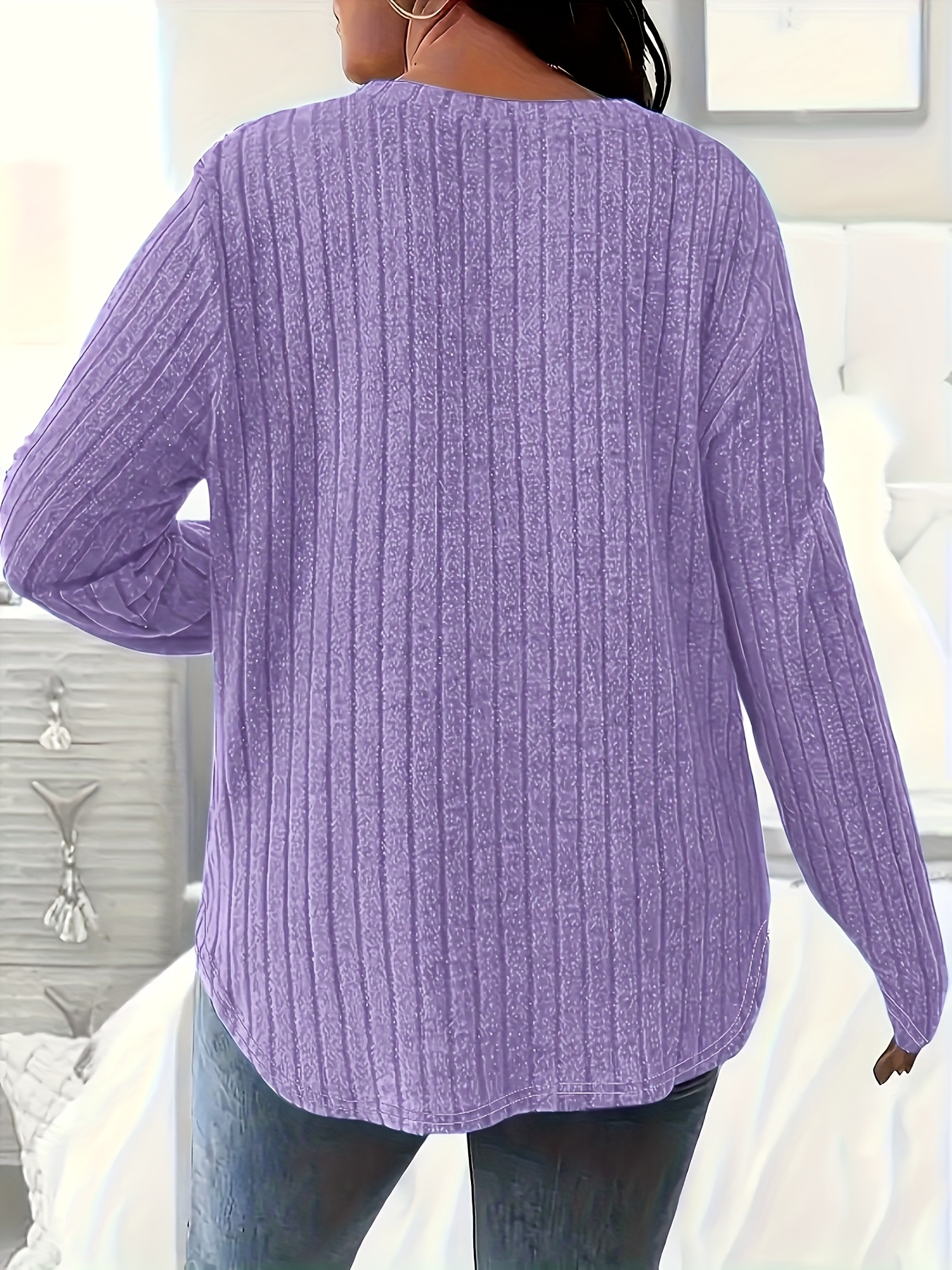 Women's Plus Size Casual V-Neck Ribbed Long Sleeve Top - Stretchy Blouse, Machine Washable, Solid Color, Spring/Fall Essential, Elegance Collection, Fall Wardrobe, Elegant Style, Soft Texture, Stylish Blouse, Casual Attire