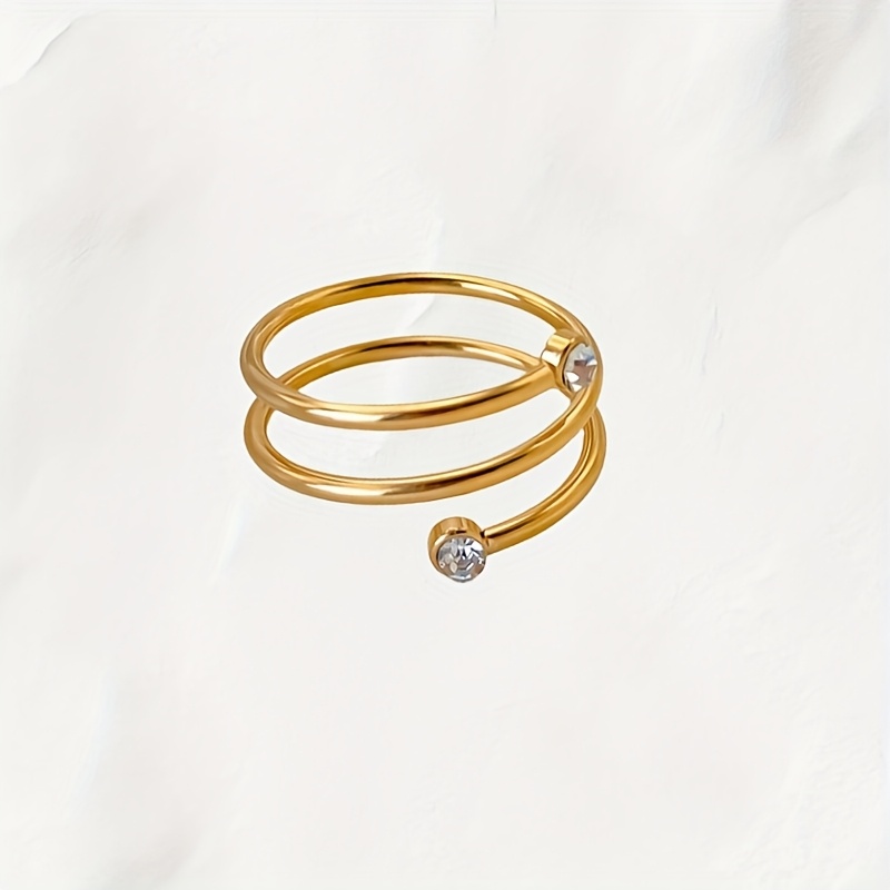 Women's Stainless Steel Coil Spring Ring with Rhinestone Accents