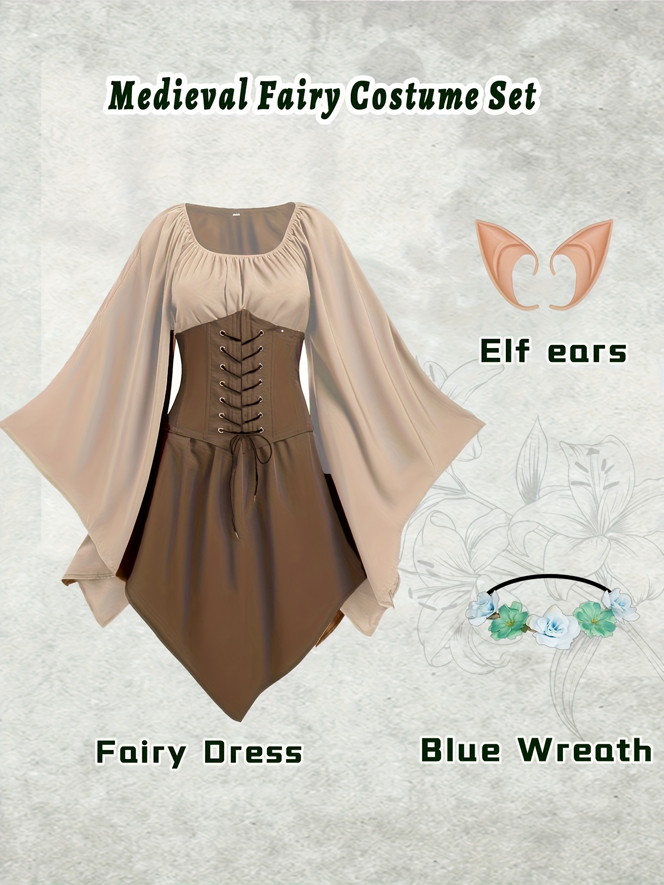 4pcs Medieval Renaissance Puff Sleeve Tie-Waist Cinched Spliced Dress for  Stage Performances for * Traditional Irish Fairy Viking, Including * Elf  Ear And Blue Wreath, for Halloween for Carnival And ...
