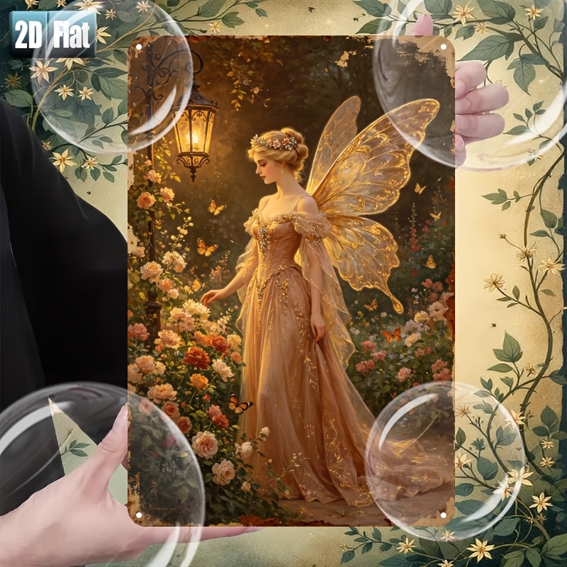 TEMU 2d Flat Decorative Sign, 1pc 8x12in Iron Wall Art - Golden Wing Fairy Lantern Rose Forest Vintage Oil Decor Indoor Outdoor For Bedroom & Garden