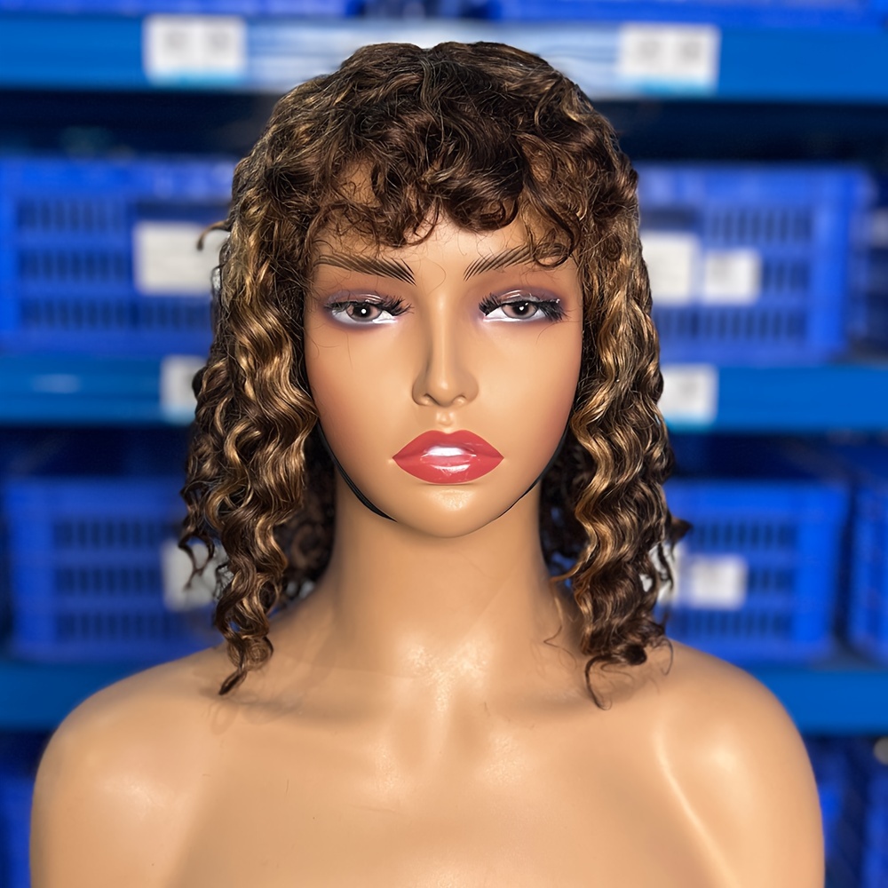 

Put On And Go Wig Bob Wig For Women Highlight P4/27# 12 Curly Bob Wig 180% Density Glueless Wig