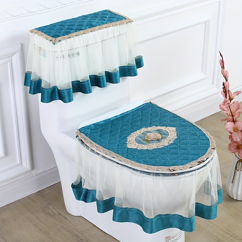 TEMU Ensemble WC 3 pièces Dentelle Fermeture Éclair Peluche Ensemble Universel Coussin de Siège de Toilette Tissu Universel Couverture de Toilette